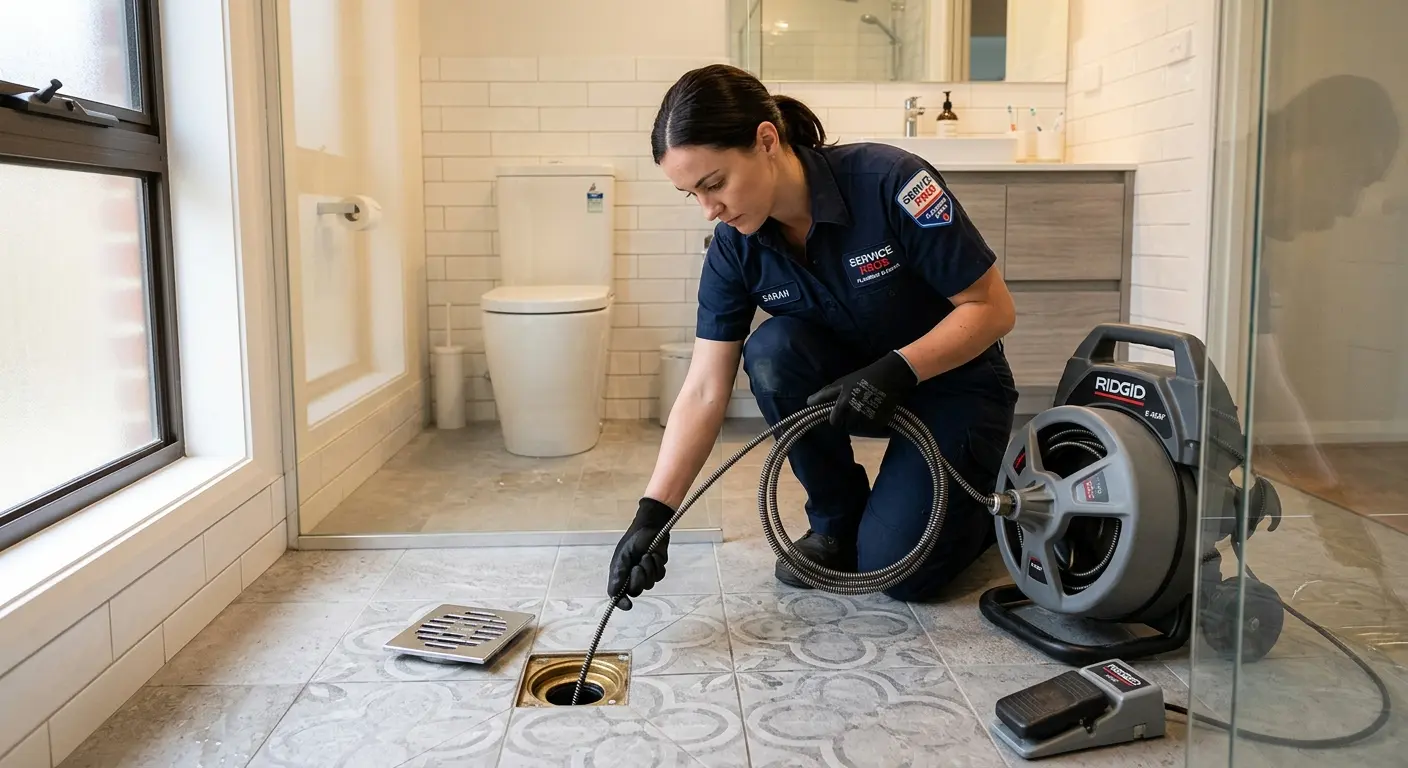 Technician clearing a bathroom floor drain for Hydro Jetting in Pooler
